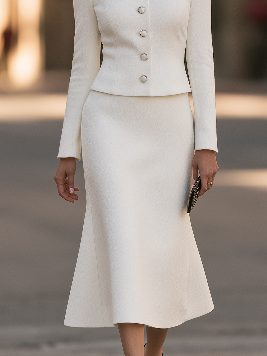 Round-Neck Pearl-Button Fitted Jacket And Fishtail Midi Skirt Set