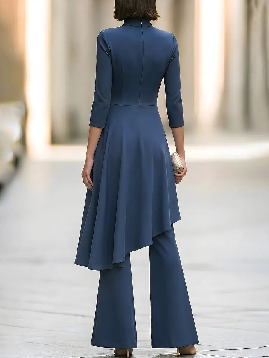 Asymmetric Draped Overlay Mock-Neck Top And Flared Trouser Set