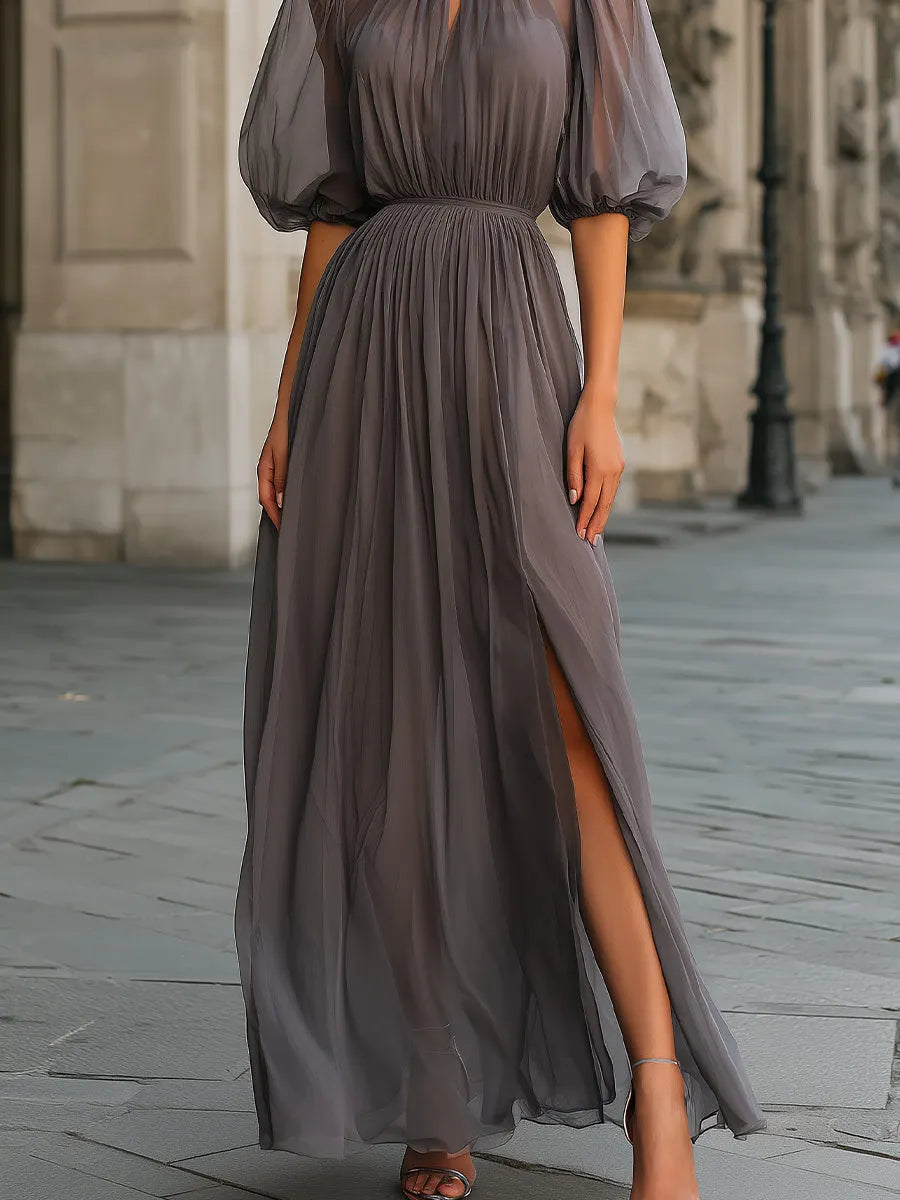 High Neck Gathered Chiffon Maxi Dress With Front Slit