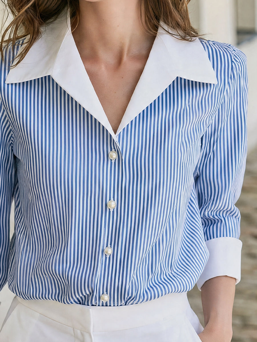 Contrast White Collar Cuff Blue PinStripe Pearl Button Shirt