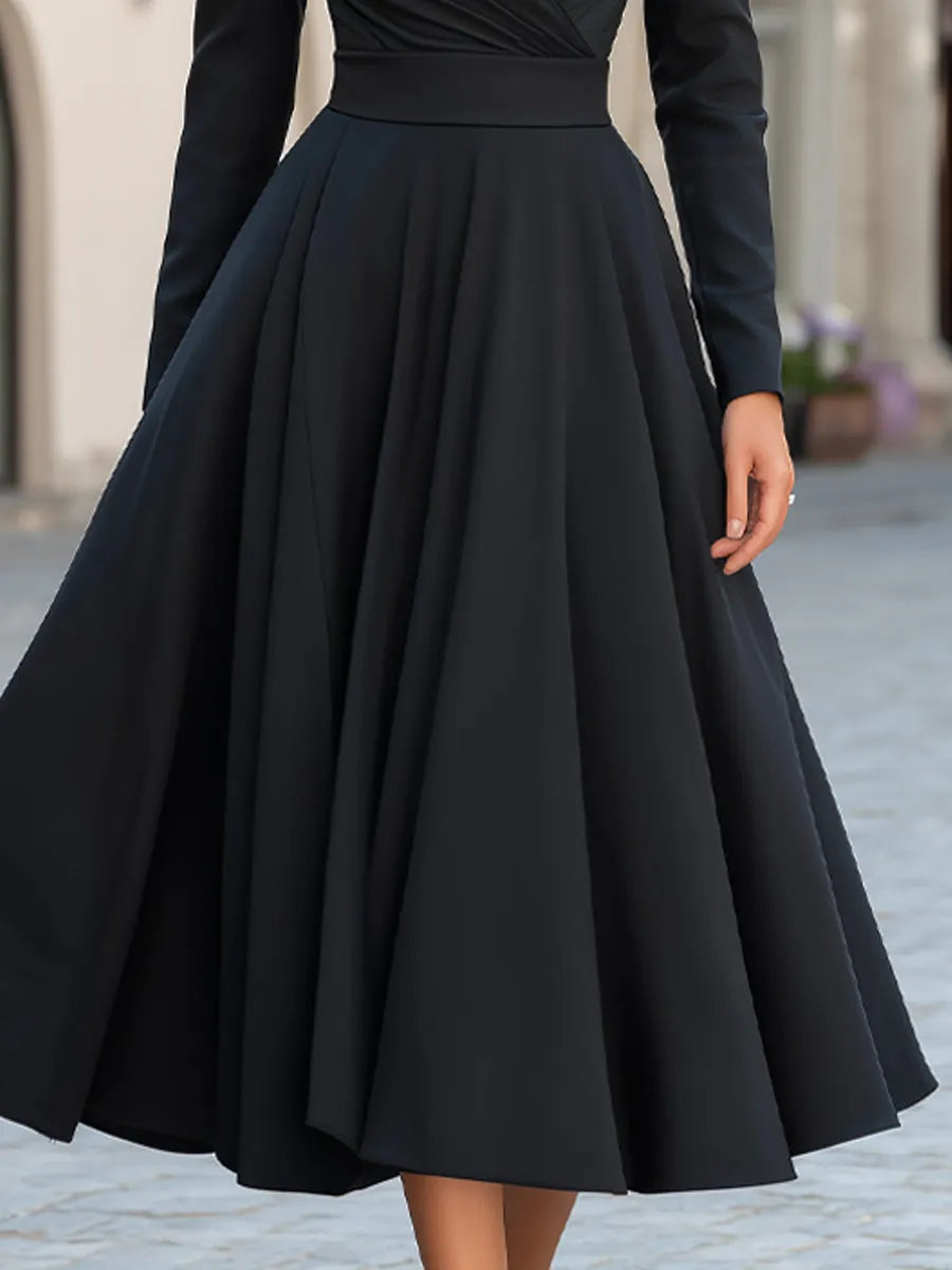 High Collar Wrap-Style Long Sleeve Pleated Flare Midi Dress
