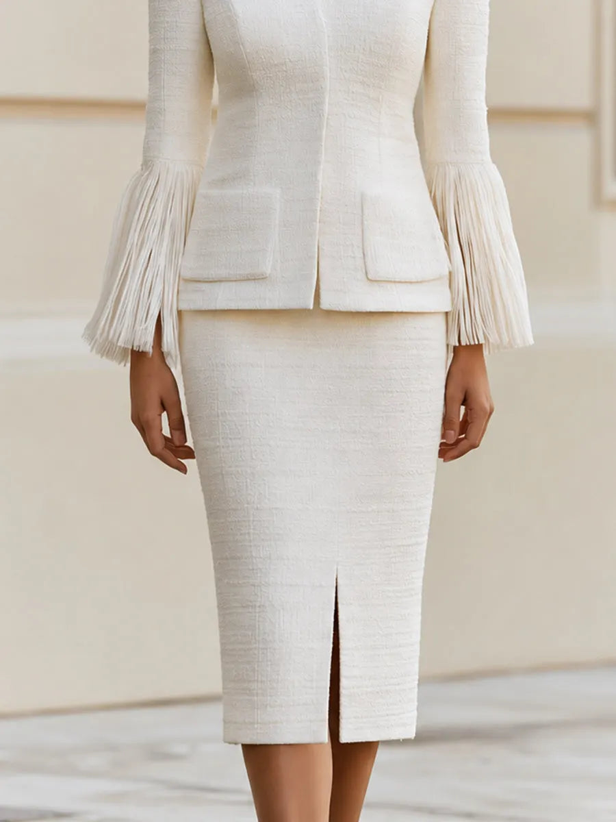 Tweed Fringe Sleeve Co-Ord Skirt Suit, Stand Collar Two Piece Formal Set