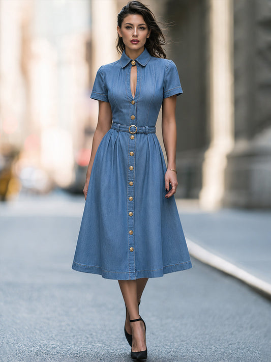 Vestido Midi Camisa com Botões e Cinto