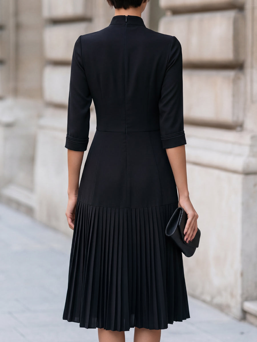 Mandarin Collar Decorative Buttons Pleated Midi Dress