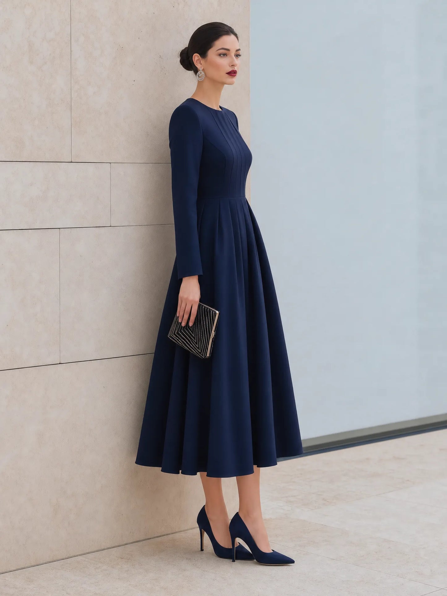 Elegant Pleated Waist A-Line Midi Dress
