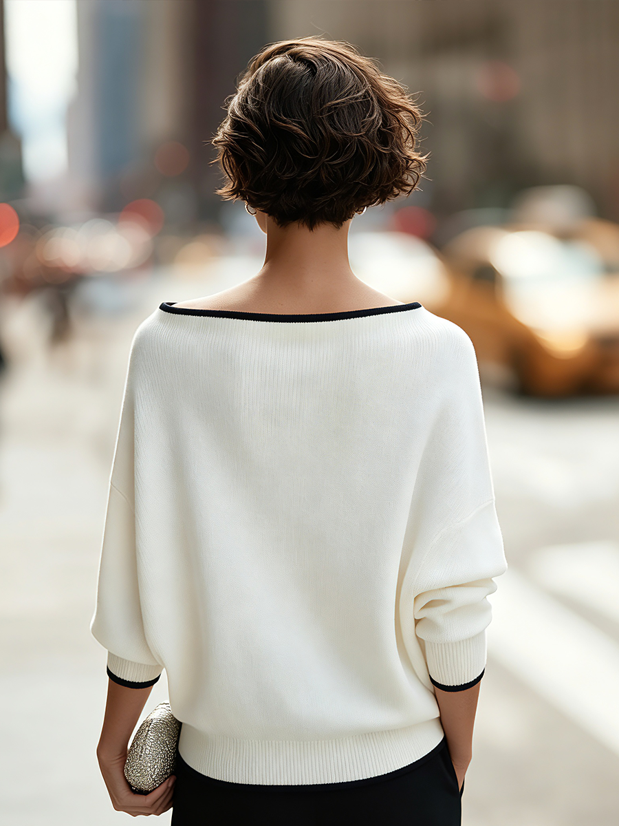 Contrast-Trim Boat-Neck Dolman Sleeve Oversized Knit Sweater