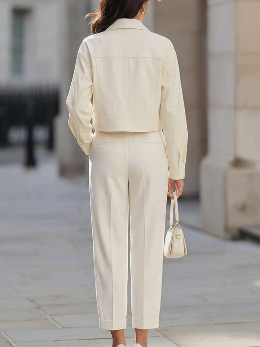 Zip-Up Cropped Utility Jacket & Wide-Leg Tailored Trousers Set