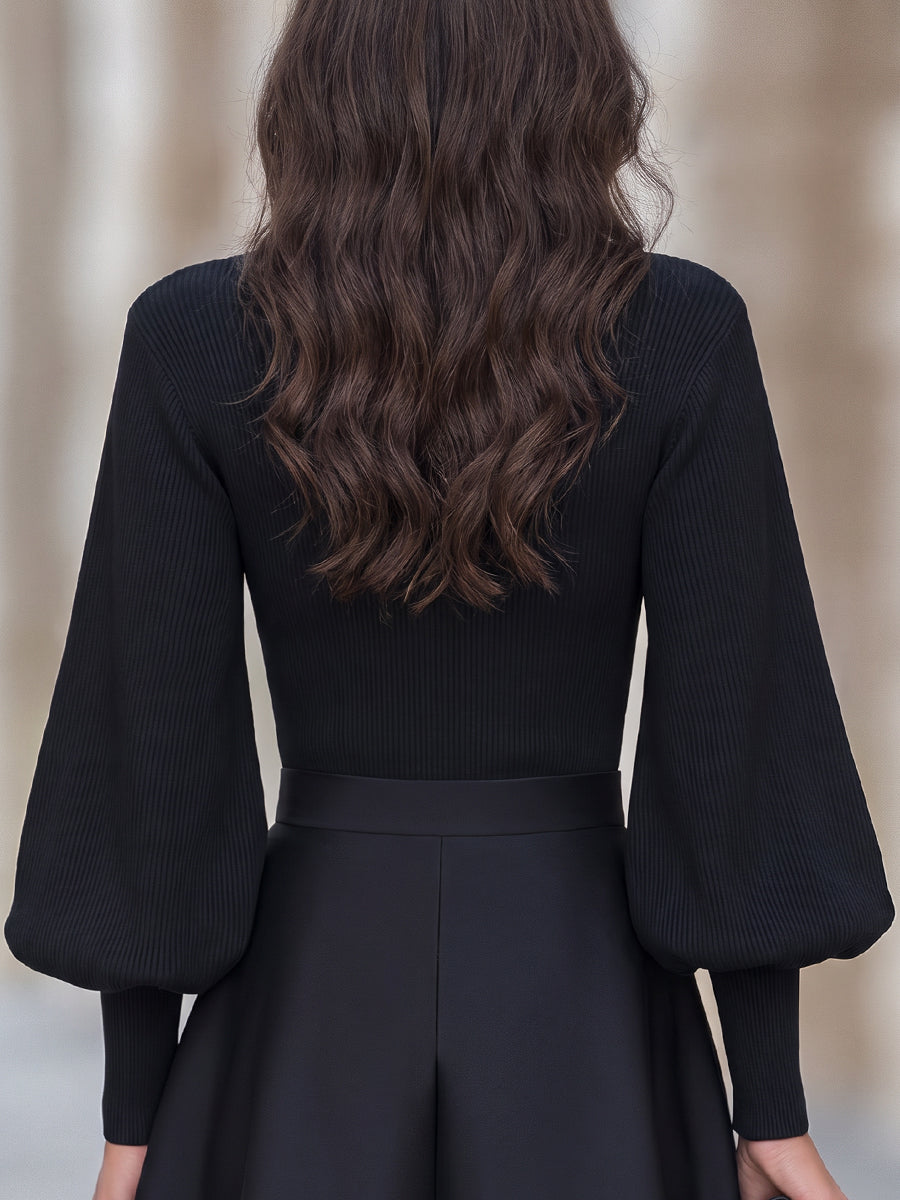 Mock Neckline Ribbed Knit Puff Sleeve Top