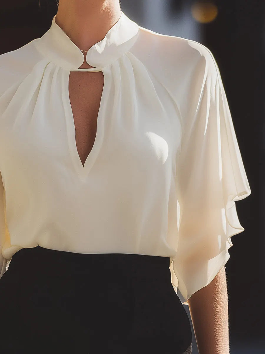 High-Neck Keyhole Blouse With Flutter Sleeves And Soft Gathered Detail