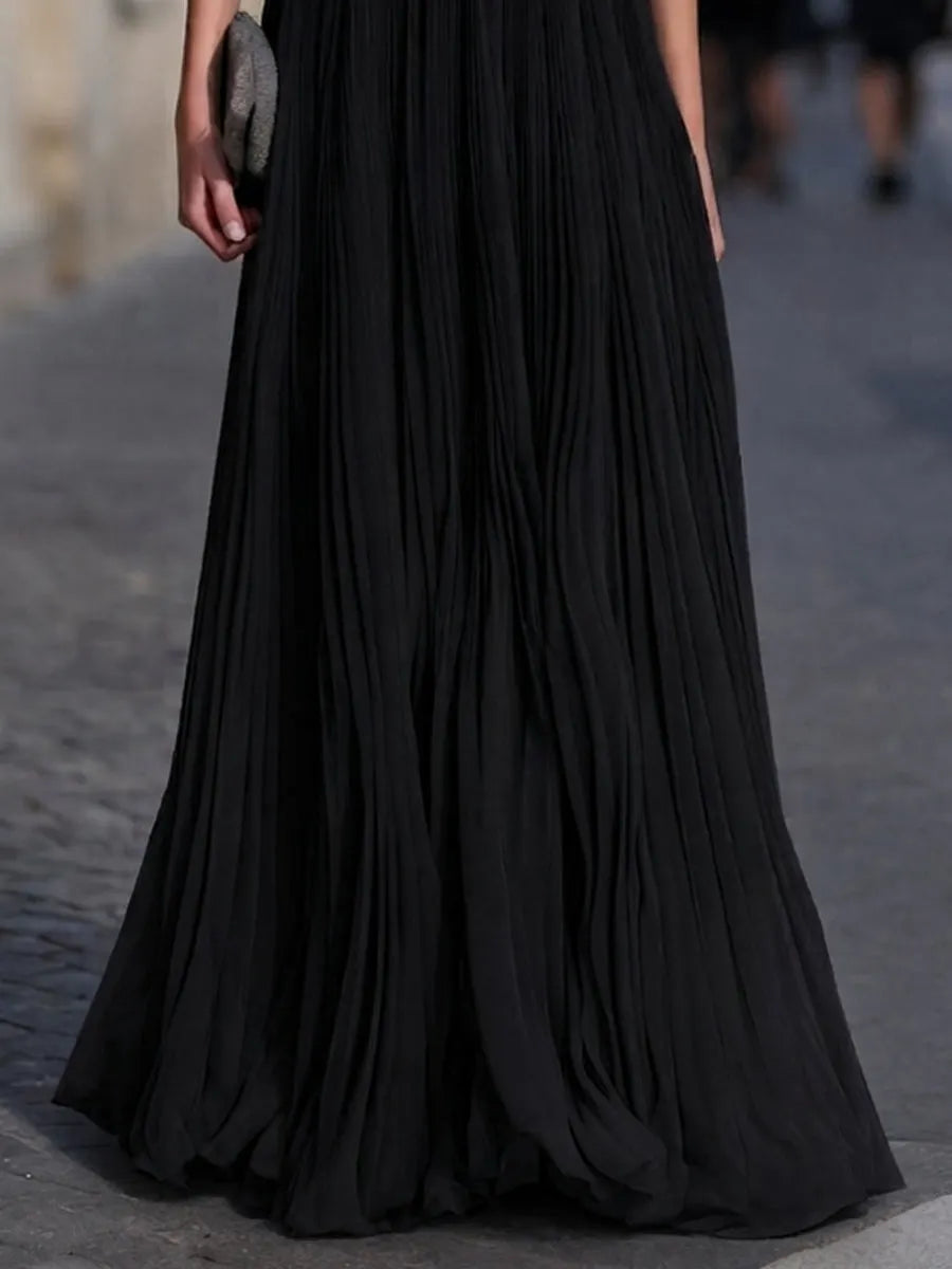 Off-Shoulder Feather-Trimmed Pleated Maxi Gown