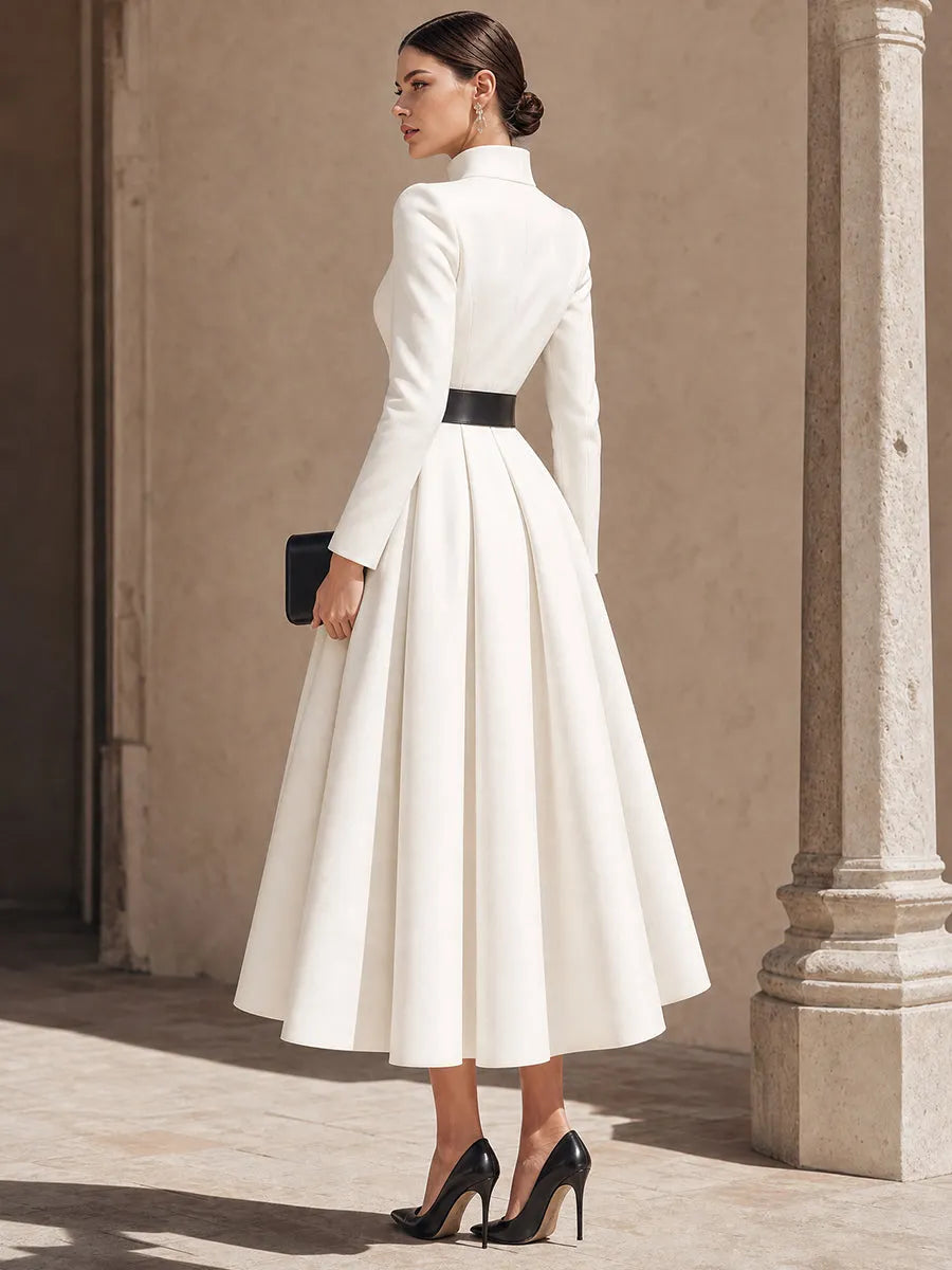 High-Neck Belted Maxi Dress With Pleated Full Skirt