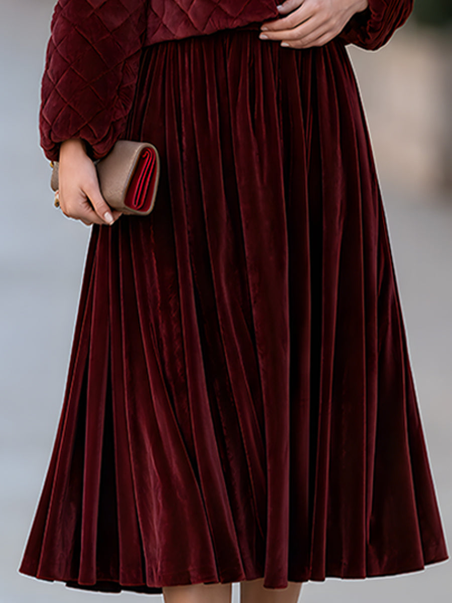 Quilted Velvet Jacket & Pleated Midi Skirt Set