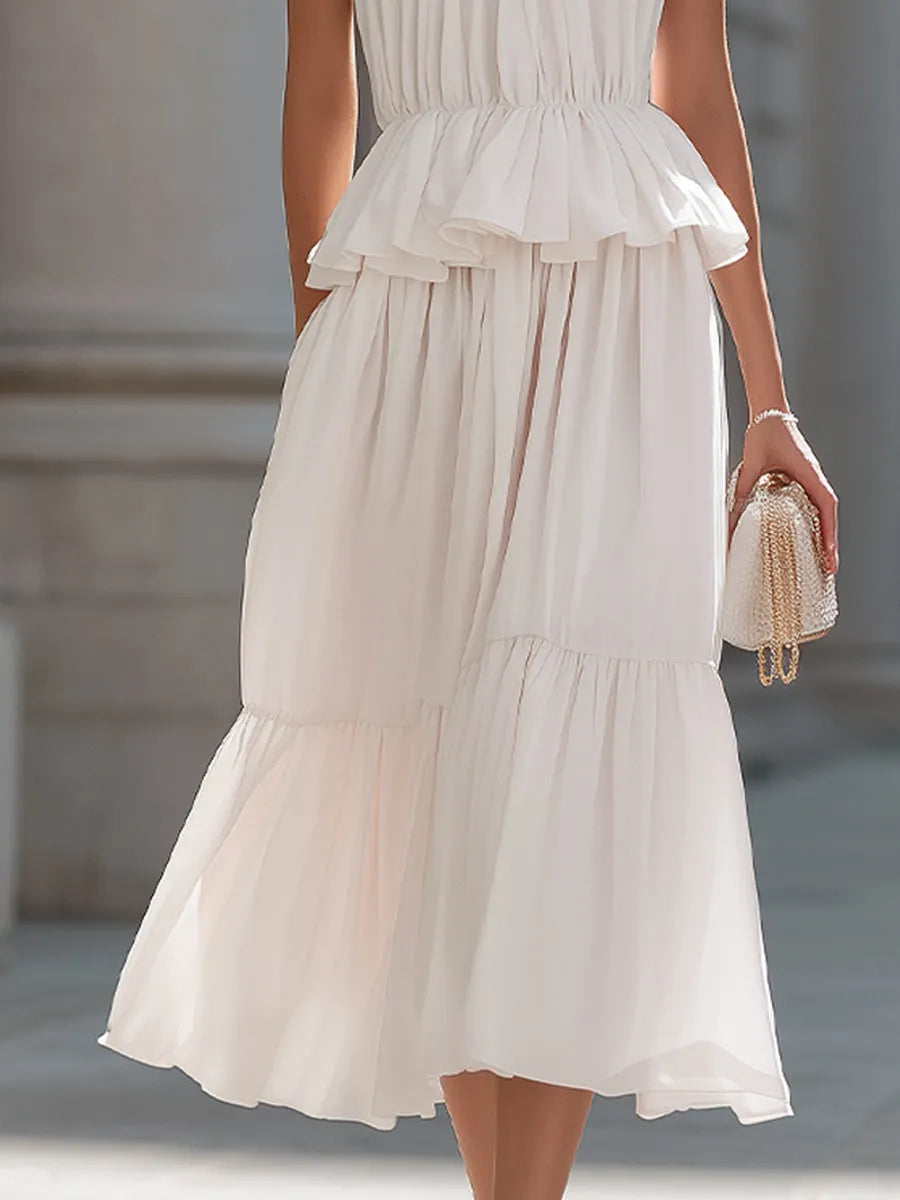 Tiered Ruffle Halter Midi Dress With Peplum Waist