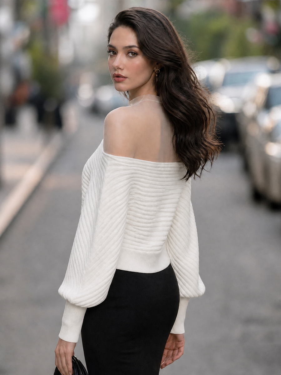 Women's Mesh Mock Neck Off-Shoulder Ribbed Knit Sweater