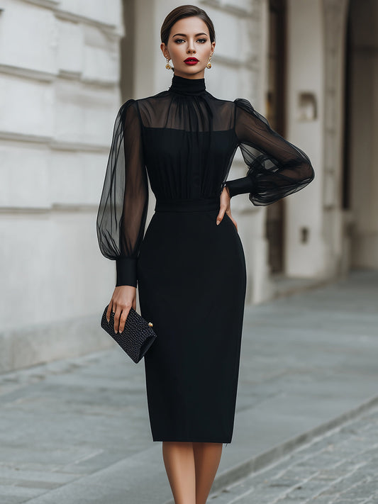 Robe midi ajustée à col montant et manches transparentes