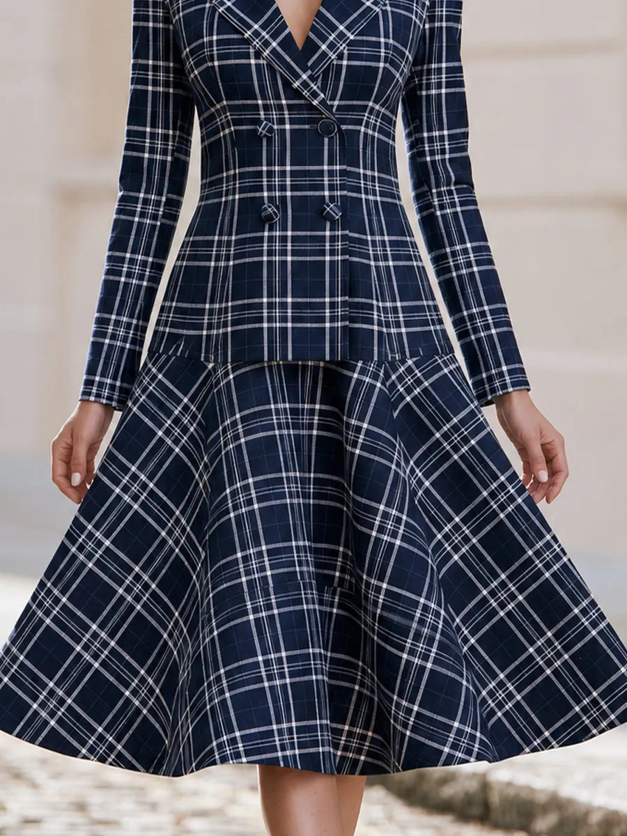 Notched Lapel Double Breasted Plaid Long Sleeve Fit & Flare Midi Dress