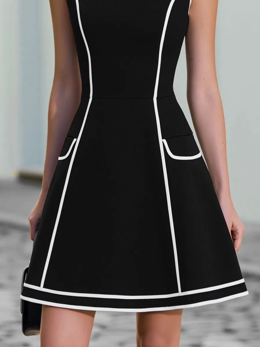 Black And White Contrast Trim Fit-and-Flare Sleeveless Dress