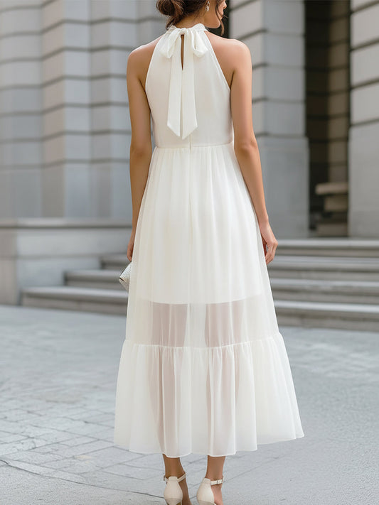 Halter-Neck Chiffon Tiered Midi Dress With Sheer Panels
