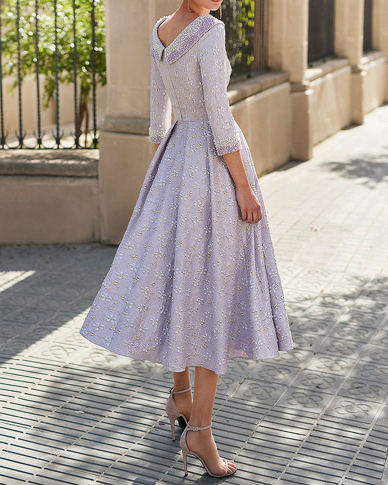 Robe Midi Élégante en Satin Jacquard Papillon pour Femme - 01
