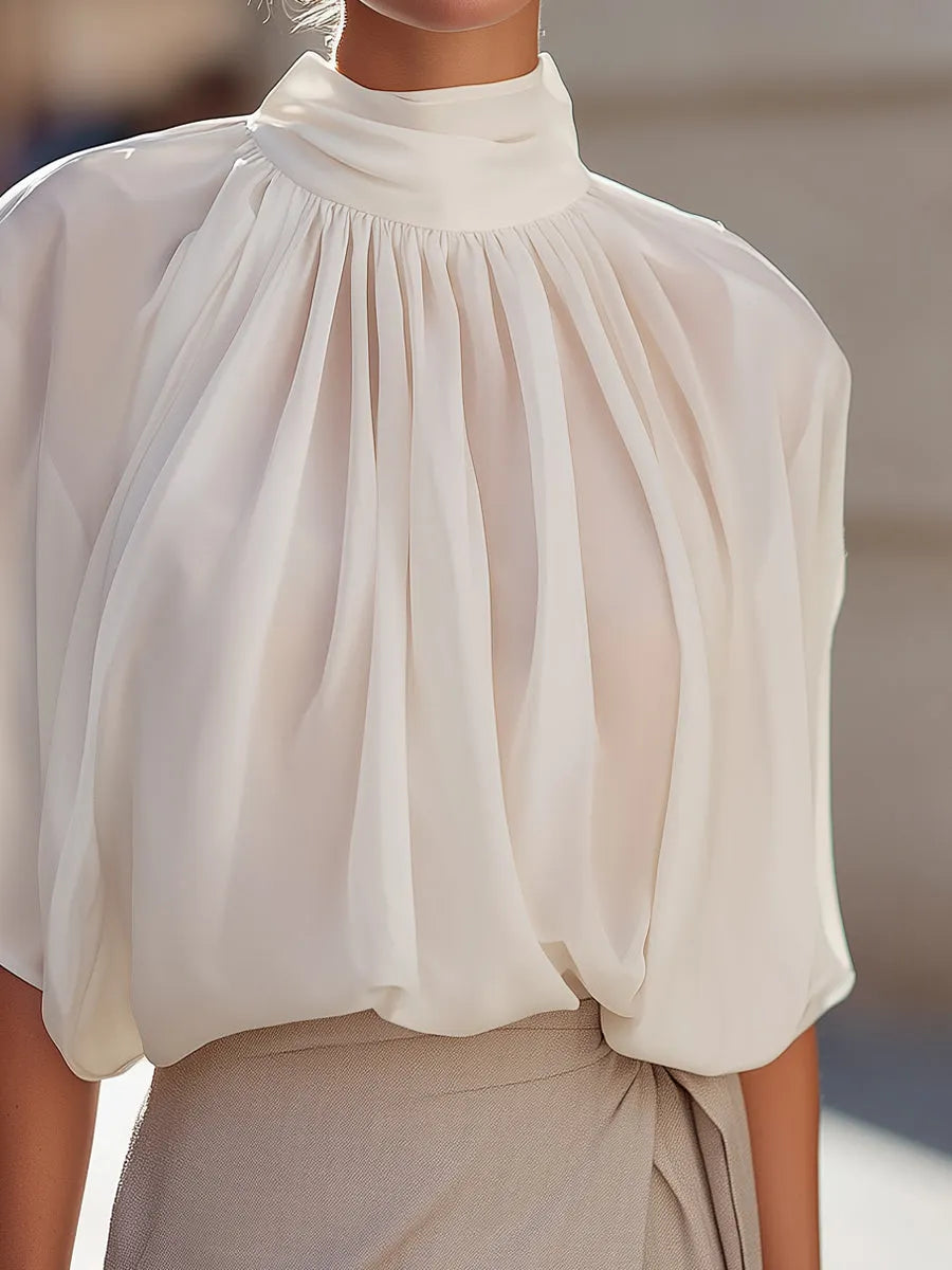High-Neck Pleated Blouse With Voluminous Flutter Sleeves