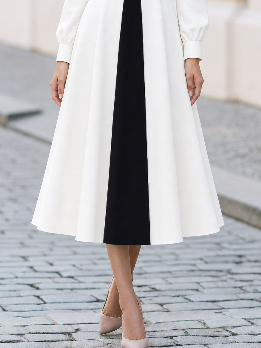 Black Contrast V-Neck Puff Long Sleeve Flared Midi Dress