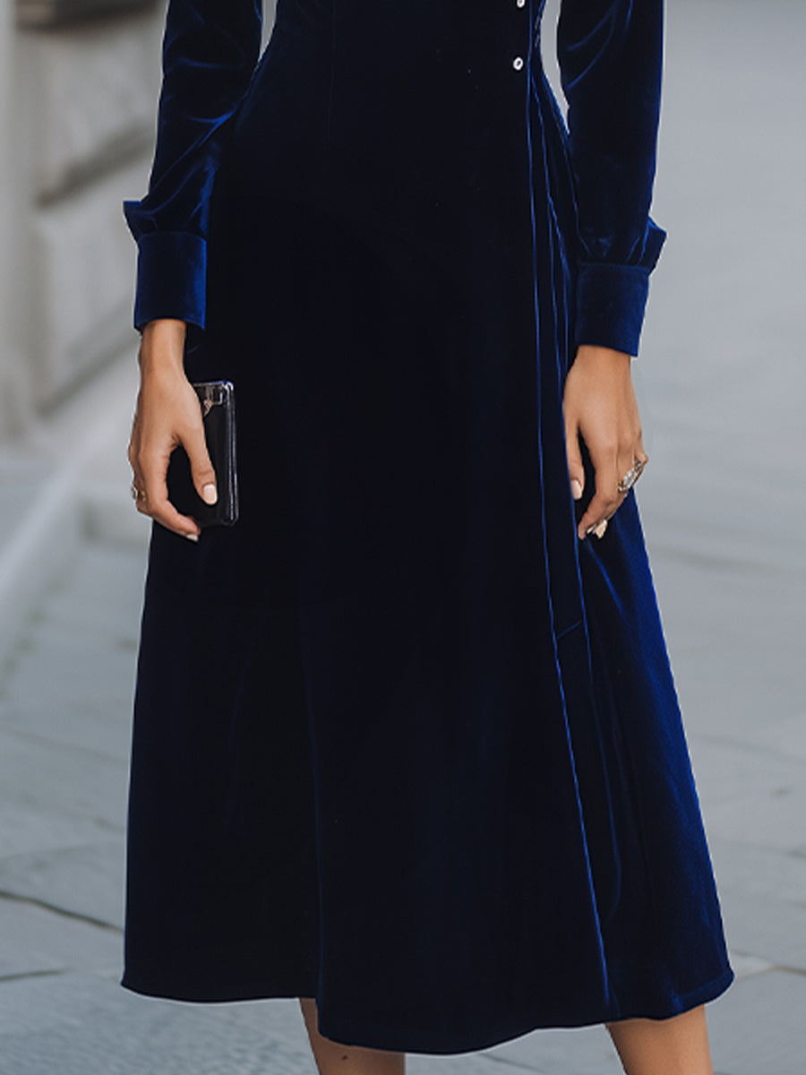 Asymmetric Button-Bodice Velvet A-Line Midi Dress