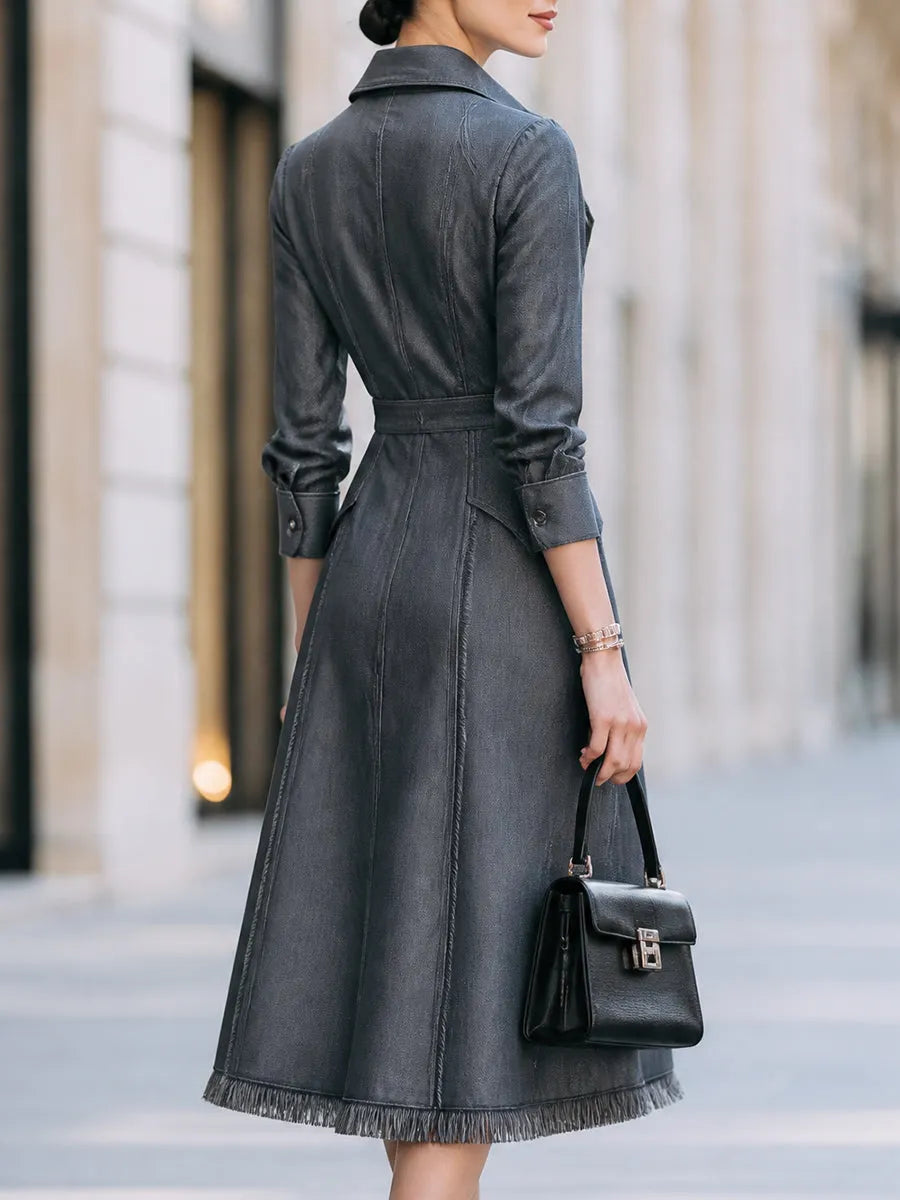 Washed Denim Shirt Dress With Frayed Hem Detail