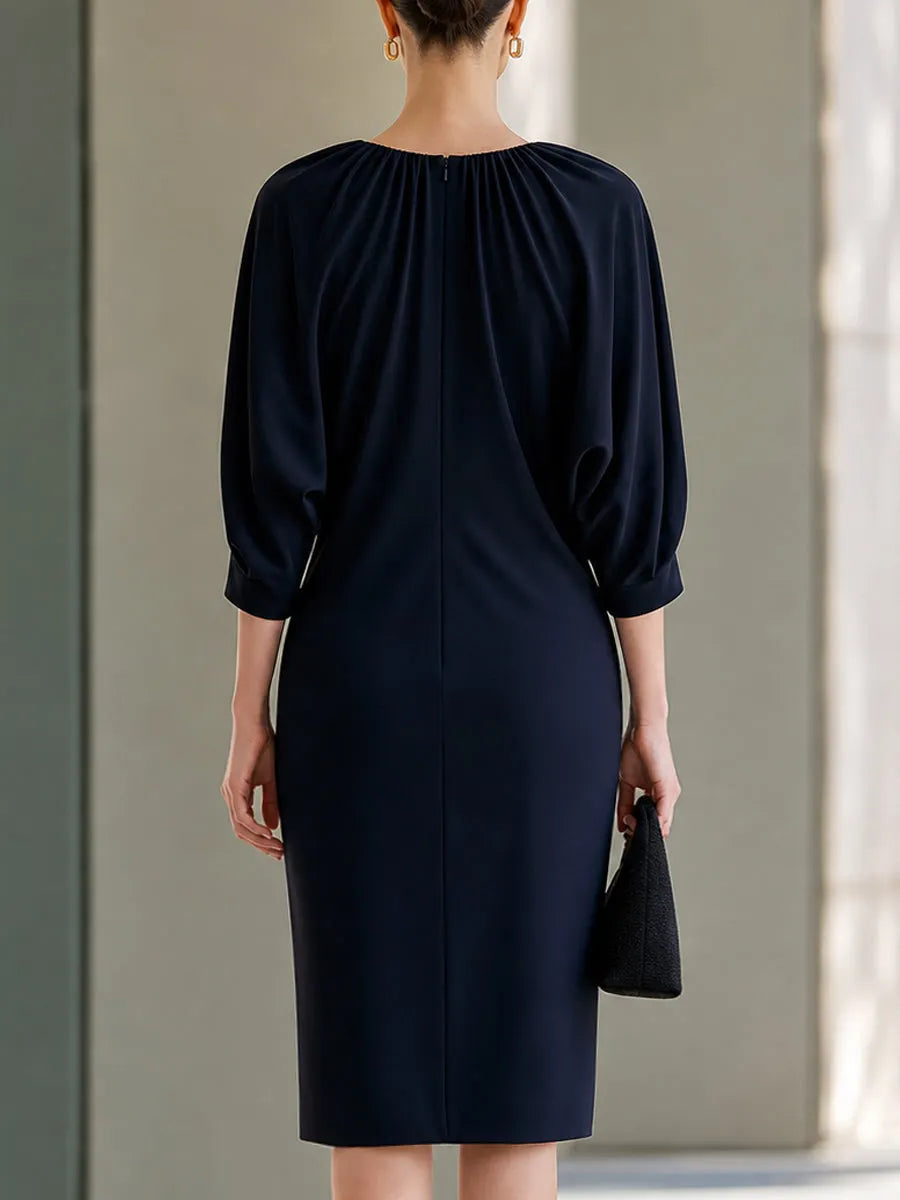 Pleated Neckline Dolman-Sleeve Midi Dress