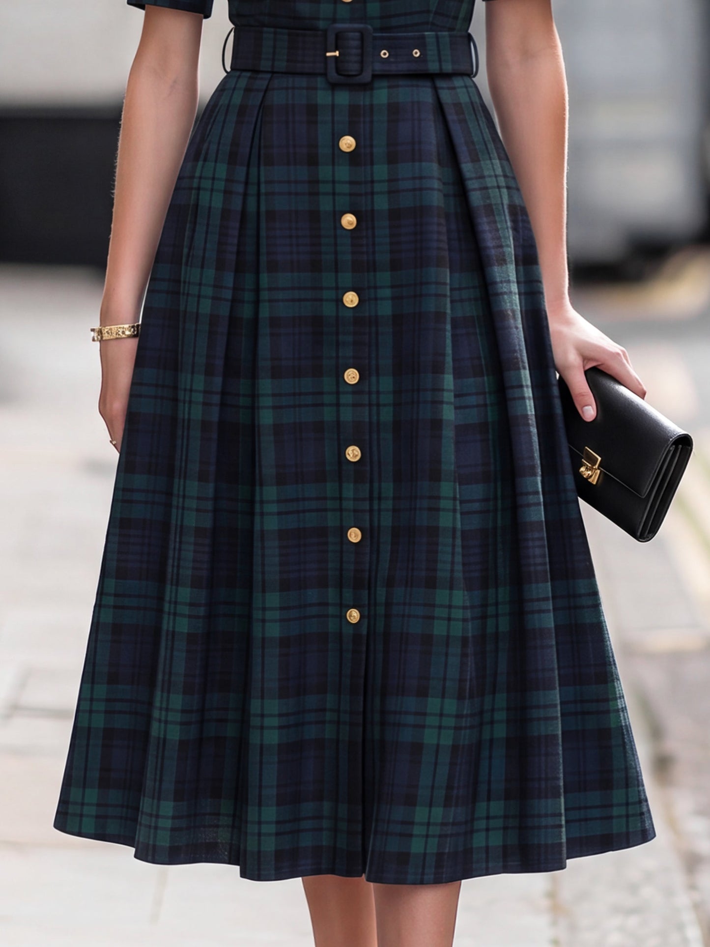 Tartan Plaid Shirt-Style Tailored Midi Dress