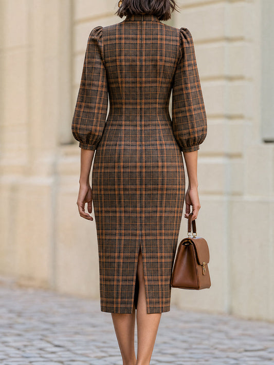 High Neck Puff Balloon Sleeve Brown Plaid Midi Dress