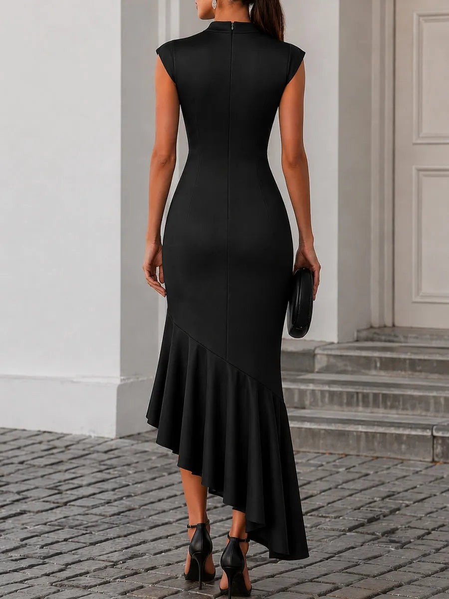High-Neck Lace Panel Asymmetric Ruffle Maxi Dress