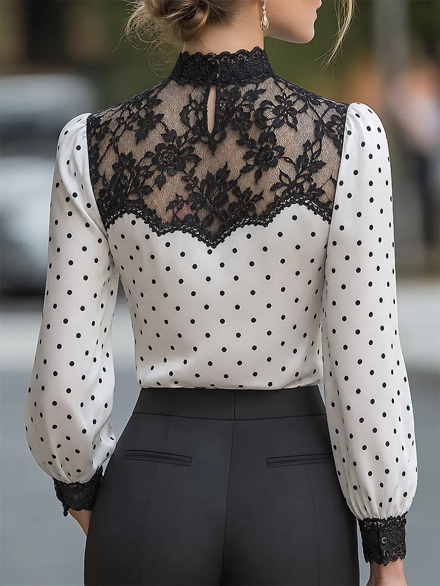 Polka-Dot Satin Lace-Yoke Long-Sleeve Blouse