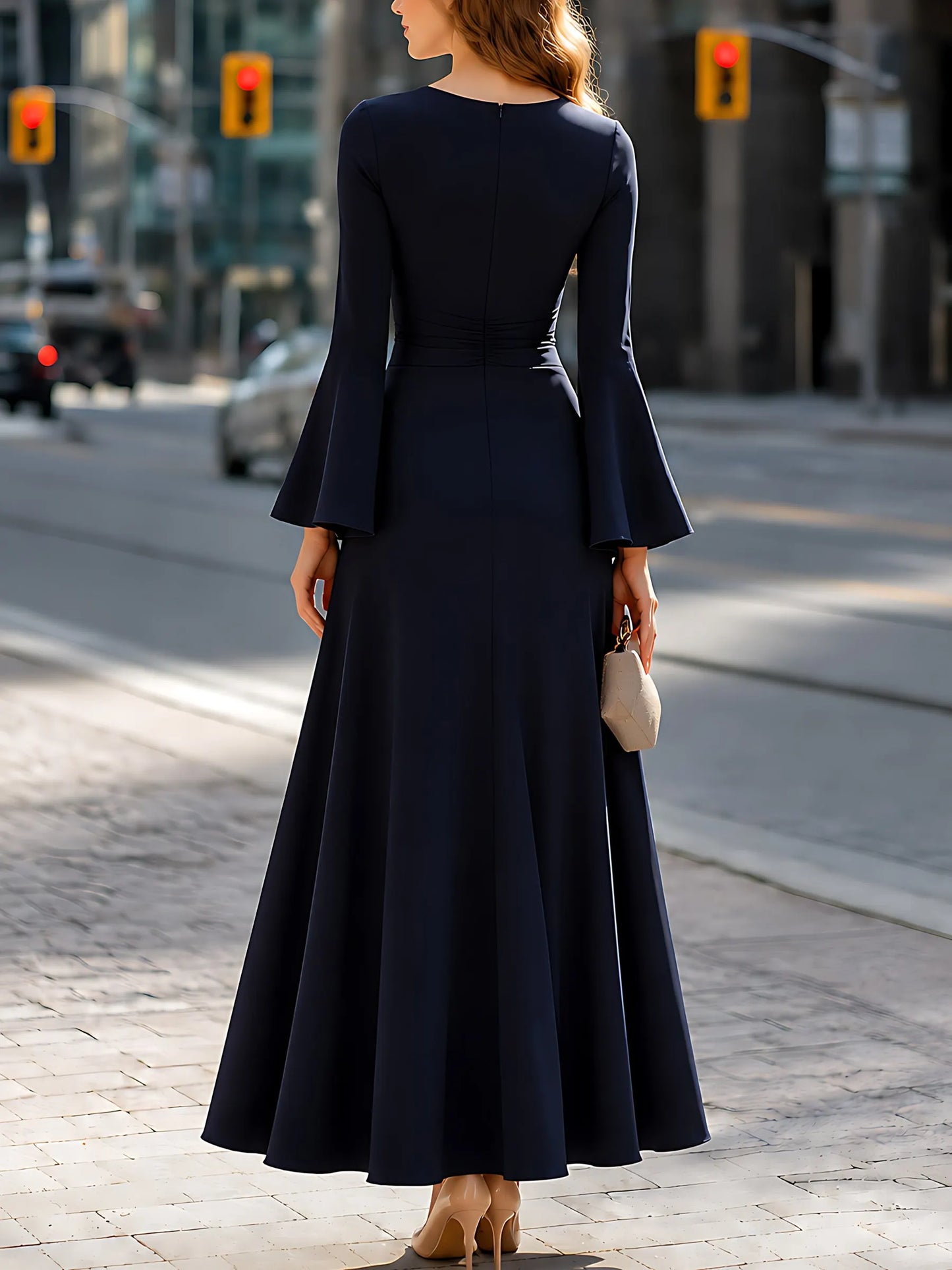 Floral Pleated Slit Bell-Sleeve Maxi Dress