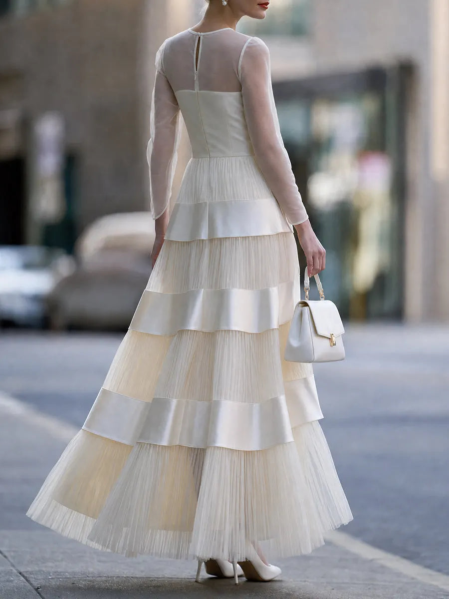 Elegant Sheer Long Sleeve Tiered Tulle Evening Gown