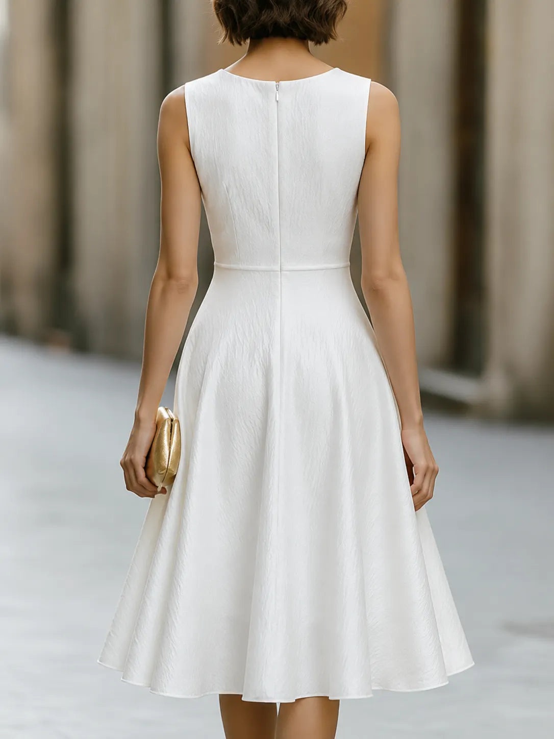 Minimalist Sleeveless Textured Finish Fit-and-Flare Midi Dress
