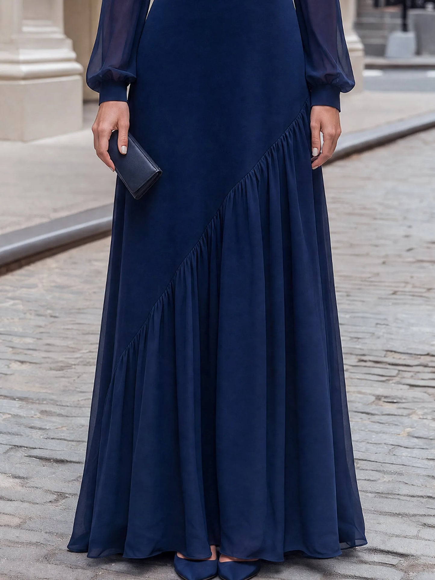 Pearl-Trimmed Asymmetric Chiffon Long Dress