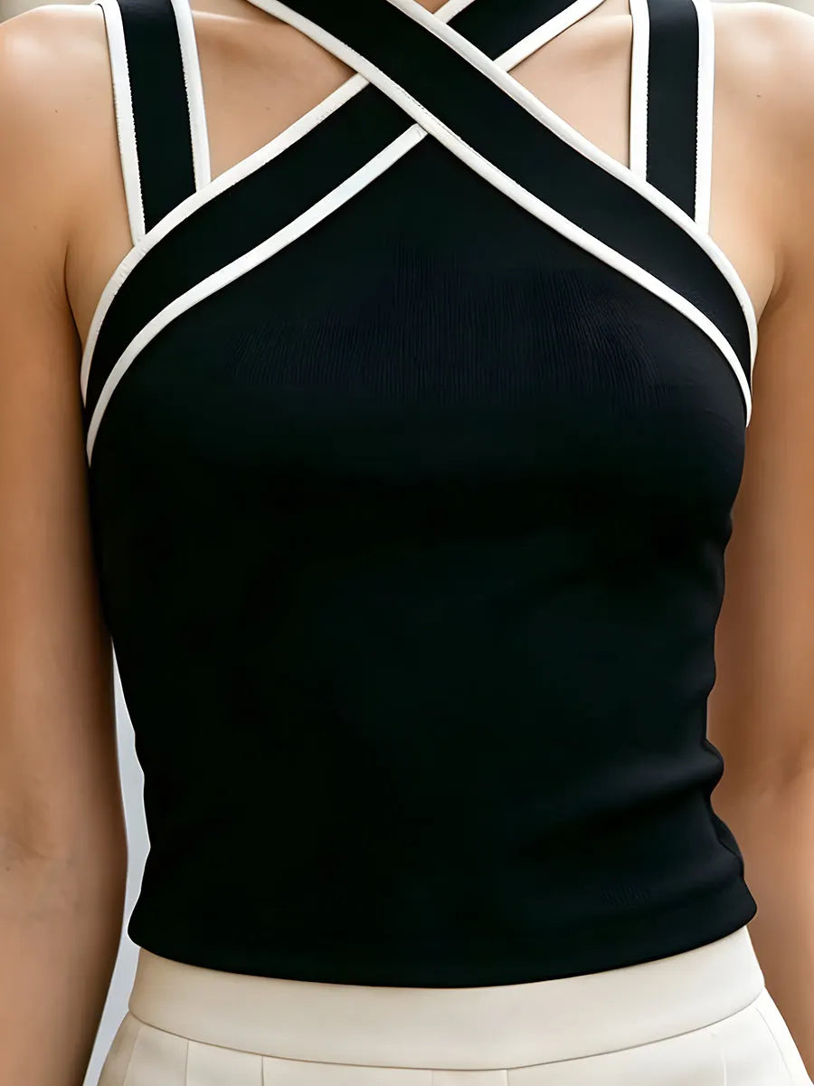 Contrast Trim Cross-Strap Halter Neck Fitted Top