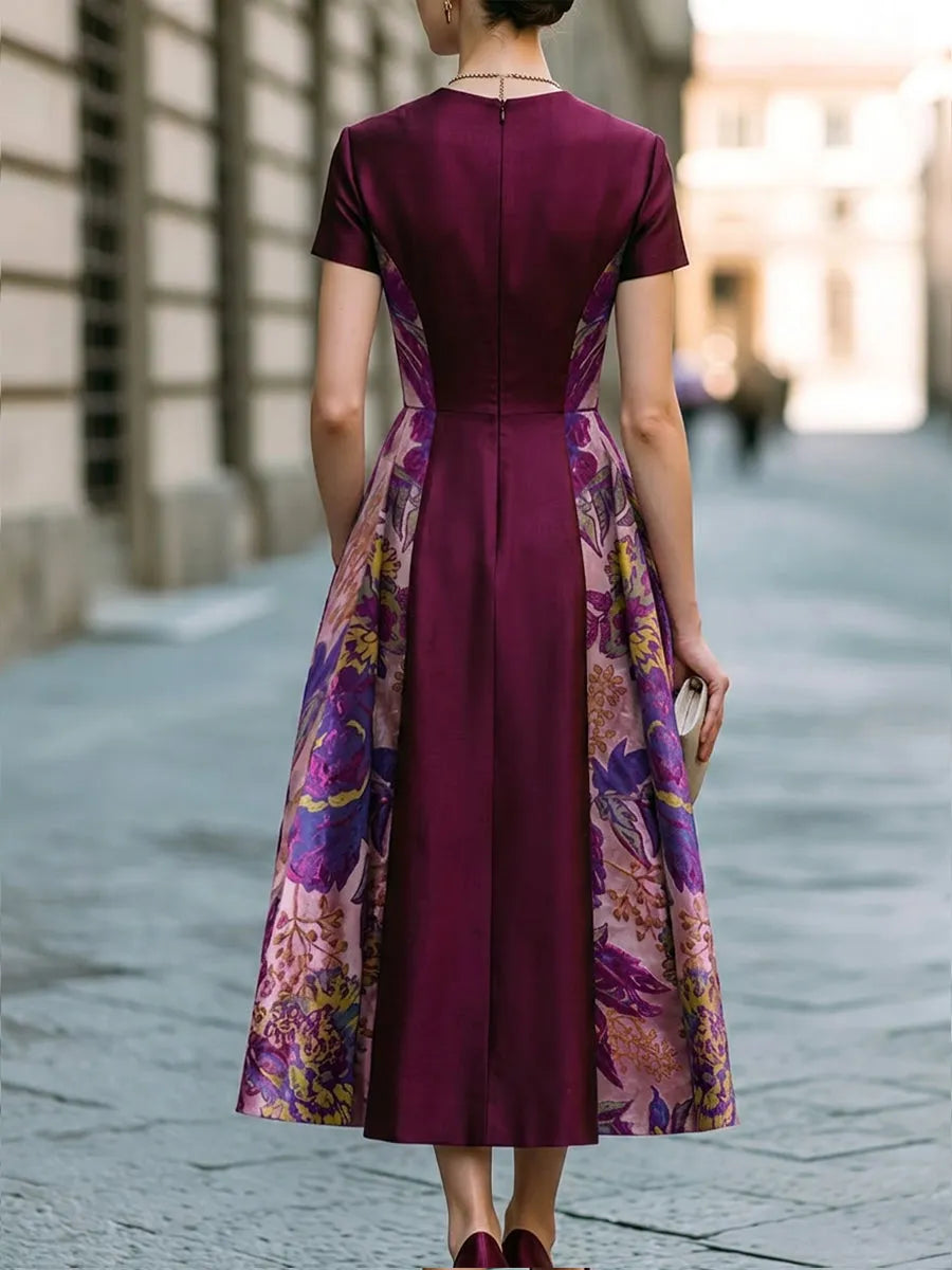 Floral Jacquard Panel V-Neck A-Line Midi Dress