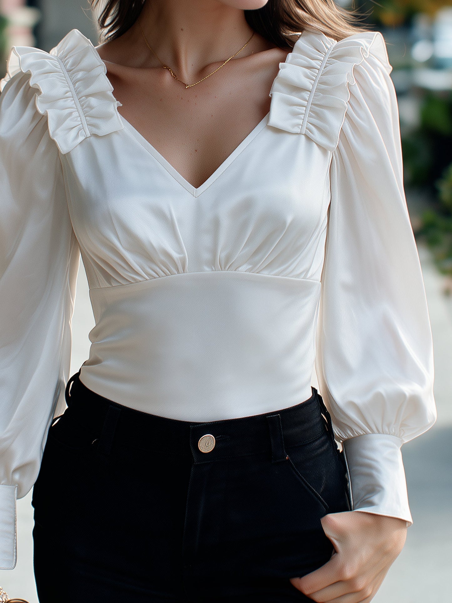 Satin Ruffle Puff-Sleeve Ruched V-Neck Top