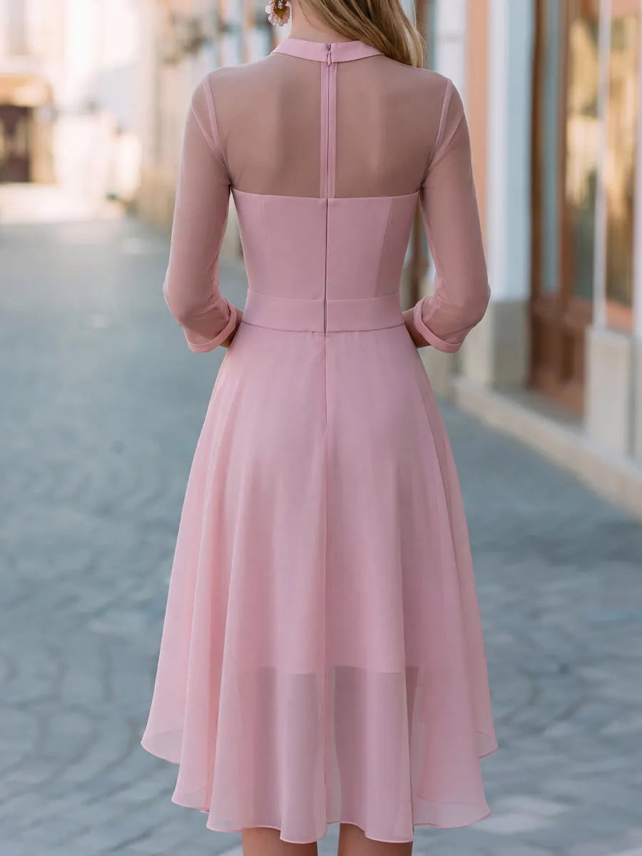 Sheer Sleeves Keyhole Neck Detail Chiffon Midi Dress
