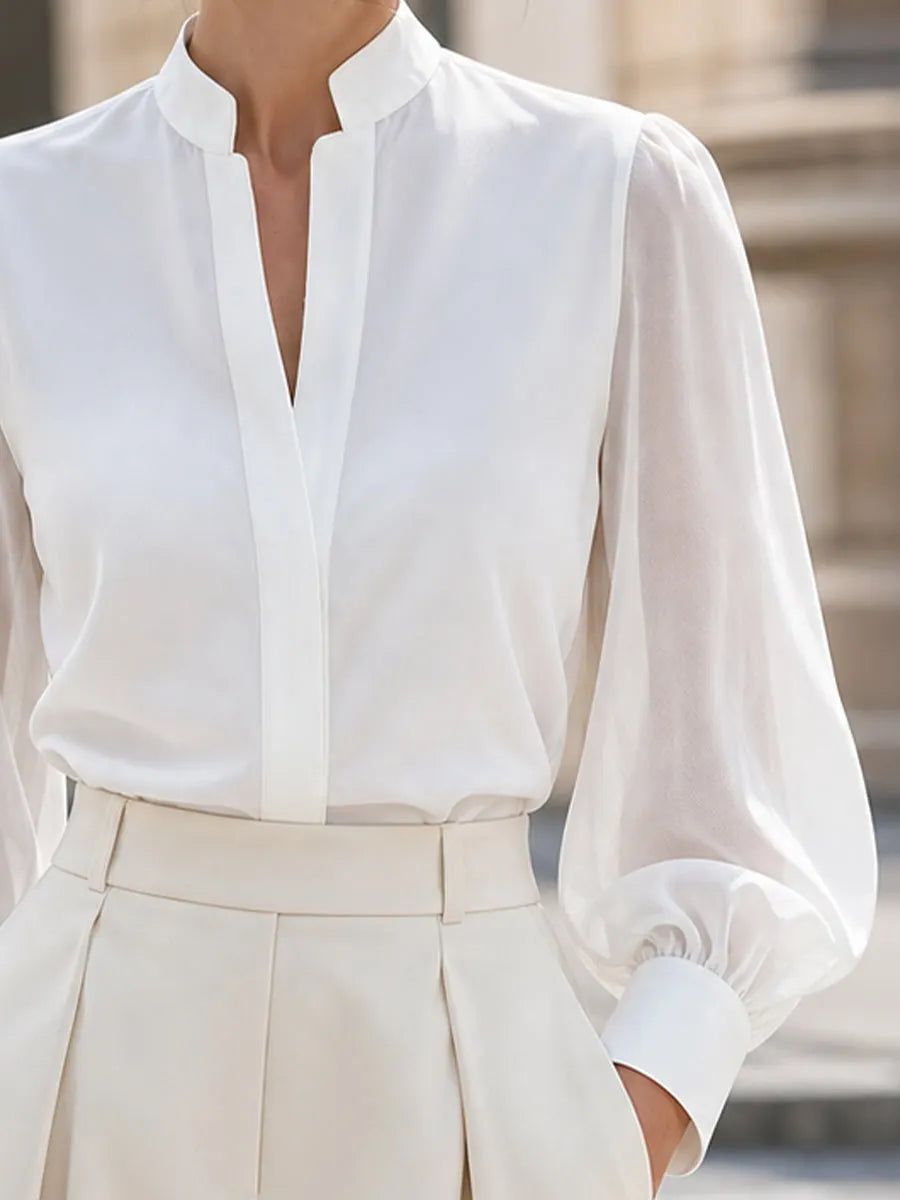 Stand Collar Split V Neck Sheer Lantern Long Sleeve Blouse