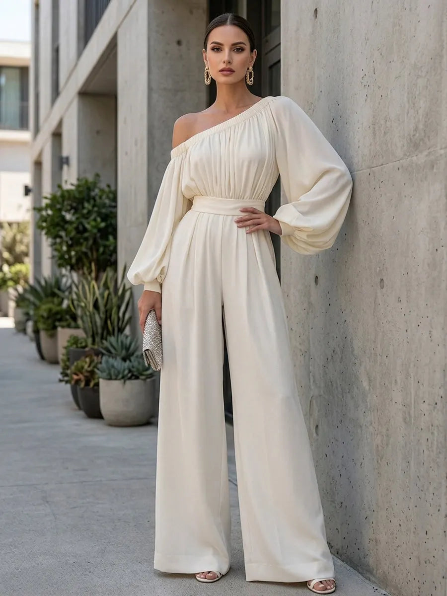 Off-Shoulder Cotton Blend Wide-Leg Jumpsuit