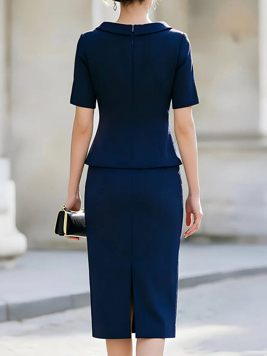 Navy Fold Collar Split Cuff Peplum Top & Pencil Midi Skirt Two-Piece Suit Set