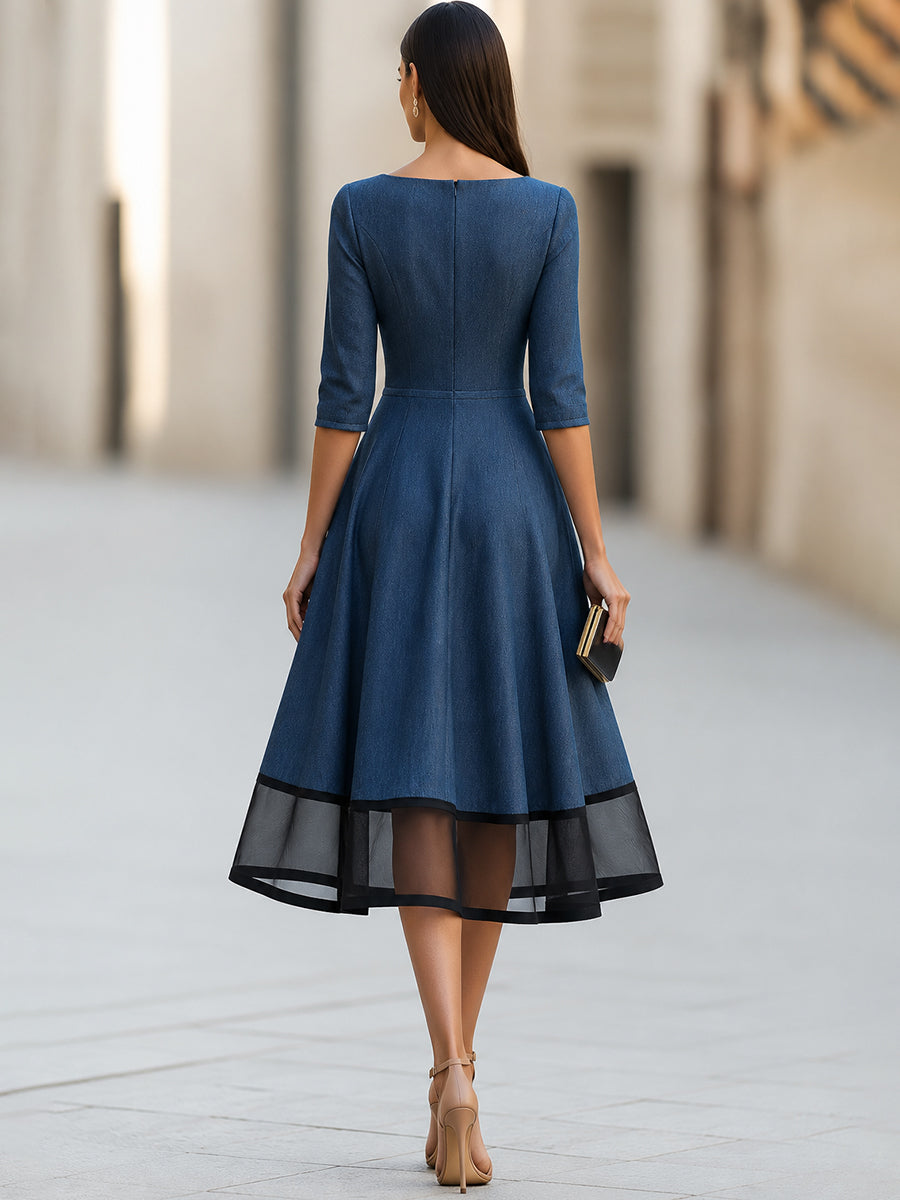 Sheer Hem Bateau Neck A-Line Midi Dress