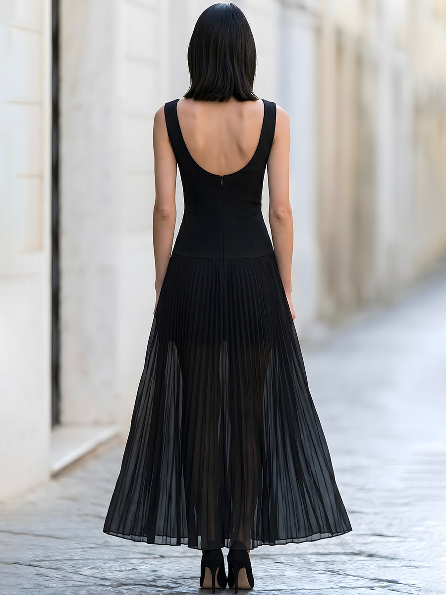 Sleeveless Boat Neck Pleated Tulle Maxi Dress