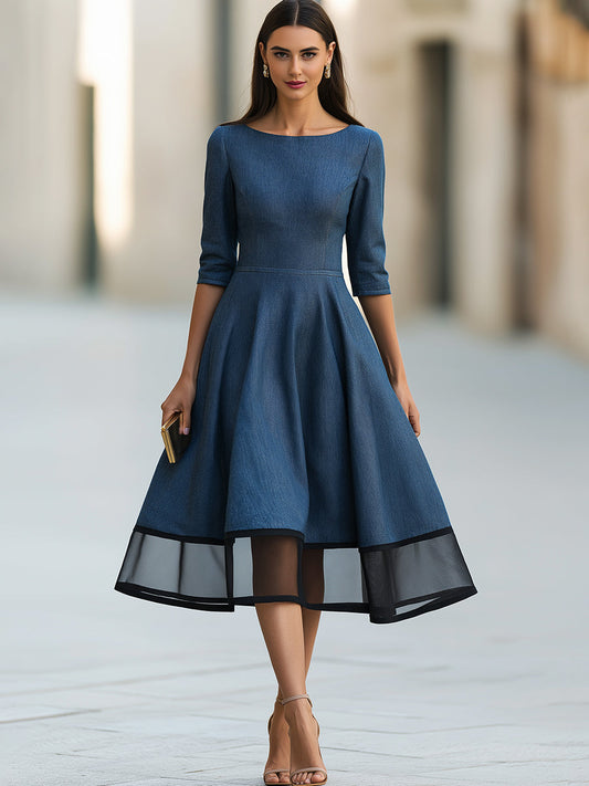 Sheer Hem Bateau Neck A-Line Midi Dress
