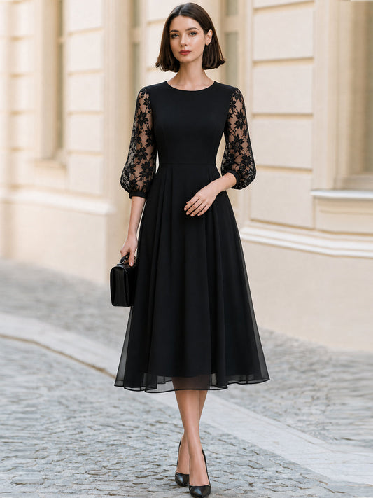 Robe midi trapèze à col rond en dentelle florale à manches bouffantes 3/4 pour occasion formelle