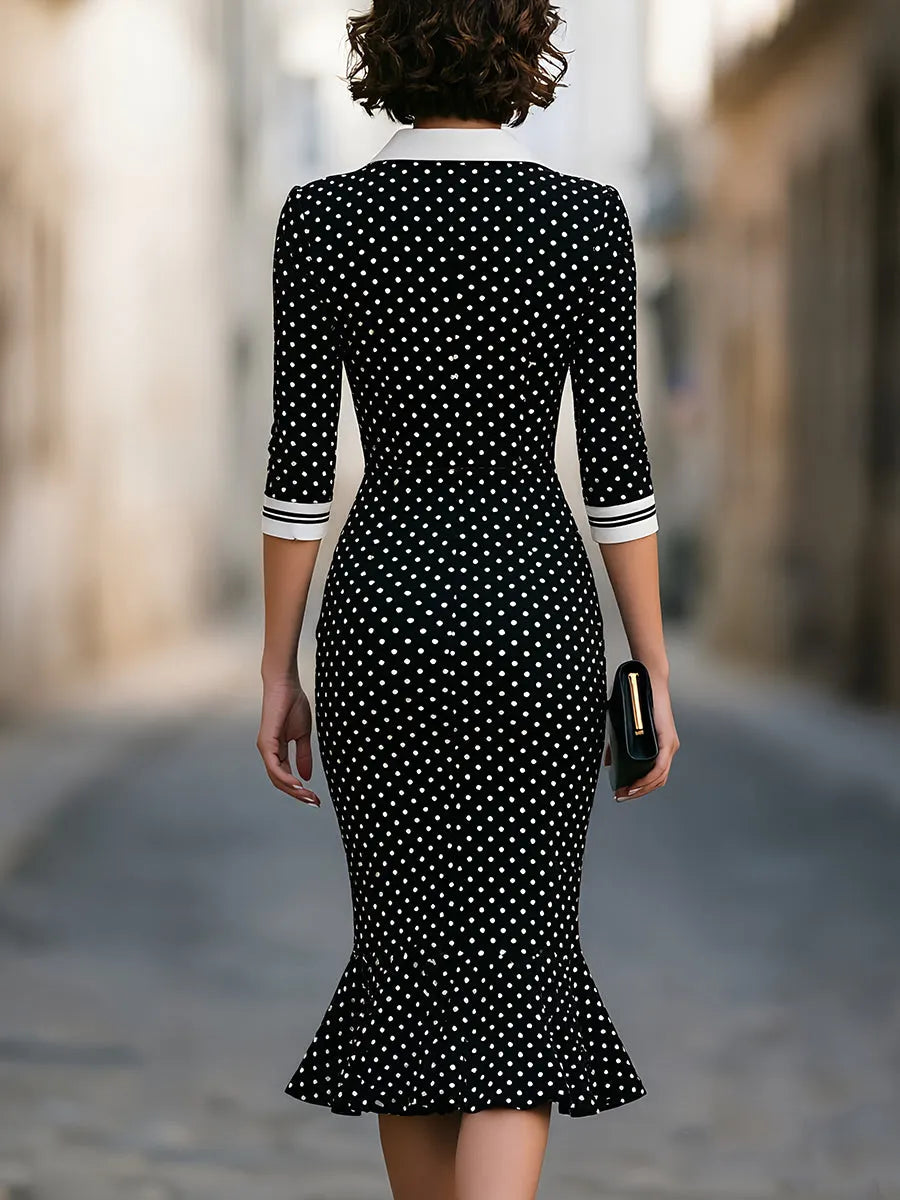 Polka Dot Contrast Collar Mermaid Midi Dress