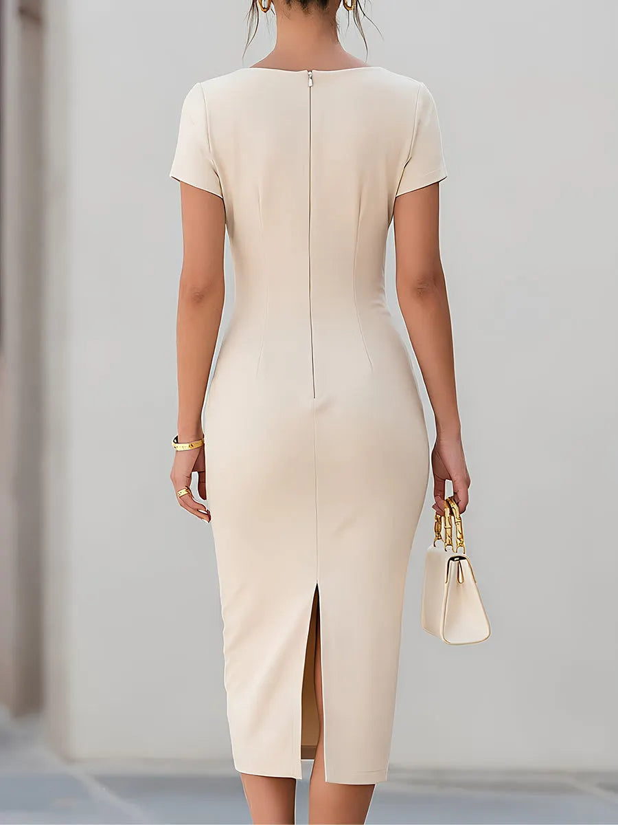 Boat Neck Short-Sleeve Twisted Waist Sheath Midi Dress