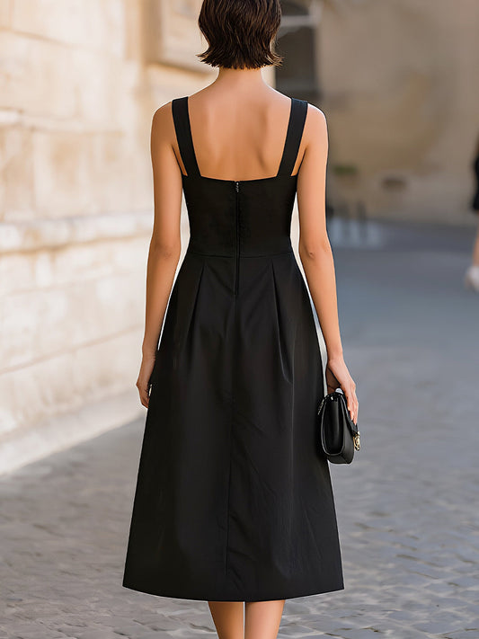 Square-Neck Ruched-Waist A-Line Midi Dress With Slit & Pockets
